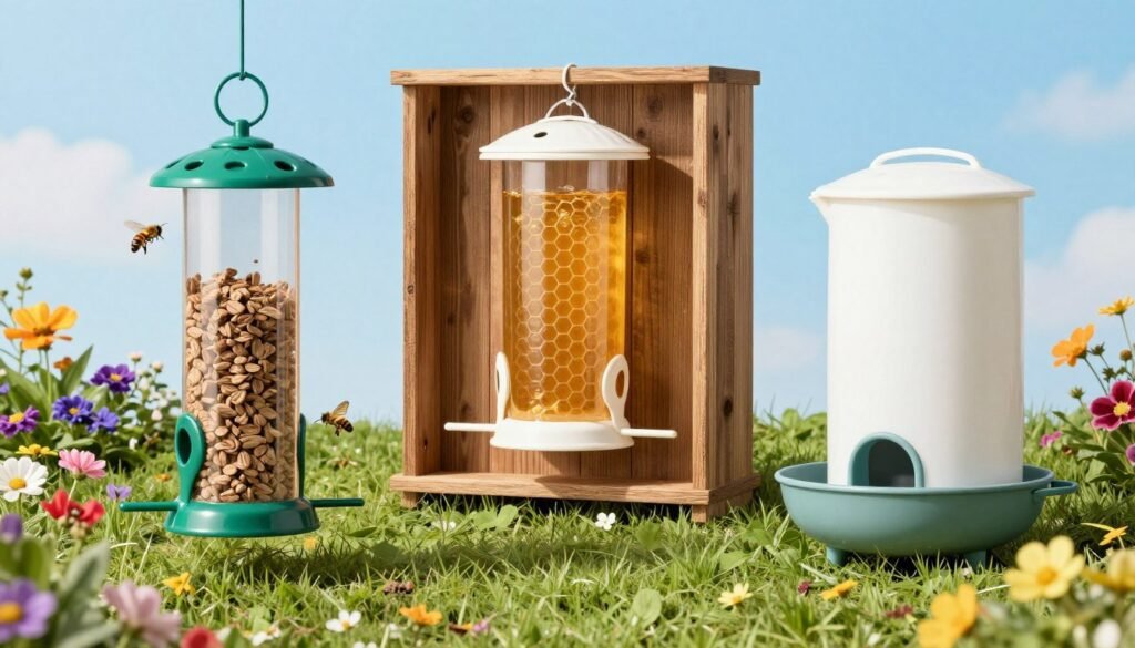 A comparative display of three types of feeders: a top feeder, a frame feeder, and a pail feeder. In the foreground, showcase the top feeder with a vibrant flower garden around it, demonstrating its ease of use, complete with bees and butterflies for natural context. In the middle, present the frame feeder, adorned with honeycomb patterns, resting amidst a rustic wooden backdrop, reflecting a traditional aesthetic. To the side, position the pail feeder against a bright blue sky, with clean lines and a modern design. Use soft, diffused lighting to emphasize each feeder's unique features, creating a serene and informative atmosphere. Capture the scene from a slightly elevated angle, ensuring clarity and focus on each feeder while blending harmoniously into the landscape.