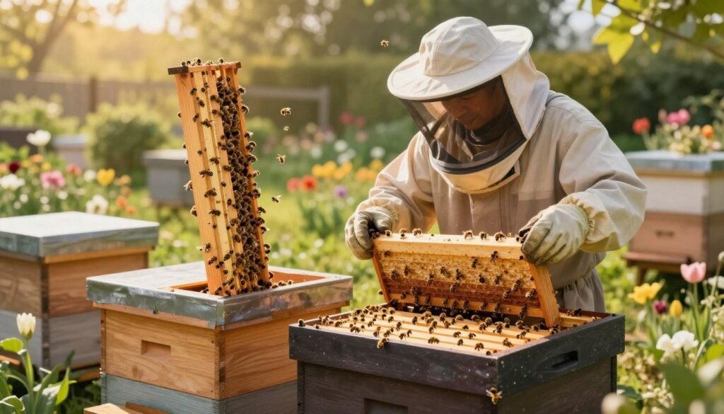 A comparative illustration highlighting vertical and horizontal beekeeping methods in a vibrant, detailed scene. In the foreground, depict two side-by-side beehives: one vertical, tall and slender, made of natural wood, with bees actively entering and exiting; the other horizontal, low and wide, made of dark-colored material, showcasing bees bustling around. In the middle, include a beekeeper in professional attire, carefully inspecting the hives, wearing protective gear, examining frames from each style. In the background, a serene garden setting with blooming flowers and greenery, softly illuminated by golden hour sunlight, casting gentle shadows. The overall mood should be peaceful and informative, emphasizing the harmonious coexistence of the two methods in beekeeping.