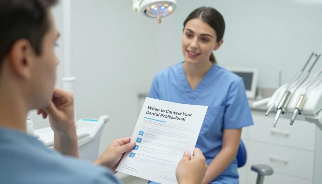 A concerned patient sitting in a well-lit dental office, appearing thoughtfully contemplative, examining a pamphlet titled “When to Contact Your Dental Professional.” The foreground features a close-up of the patient's hands holding the pamphlet, showcasing tips like "prolonged bleeding," "persistent pain," and "swelling" in clear detail. In the middle ground, a friendly dental hygienist, dressed in professional scrubs, attentively listens and offers reassuring guidance. The background displays a clean, modern dental office with soft lighting and dental tools neatly arranged on a shelf. The atmosphere is calm and informative, evoking a sense of trust and professionalism in dental care. The image captures the importance of knowing when to seek help after dental procedures. A concerned patient sitting in a well-lit dental office, appearing thoughtfully contemplative, examining a pamphlet titled “When to Contact Your Dental Professional.” The foreground features a close-up of the patient's hands holding the pamphlet, showcasing tips like "prolonged bleeding," "persistent pain," and "swelling" in clear detail. In the middle ground, a friendly dental hygienist, dressed in professional scrubs, attentively listens and offers reassuring guidance. The background displays a clean, modern dental office with soft lighting and dental tools neatly arranged on a shelf. The atmosphere is calm and informative, evoking a sense of trust and professionalism in dental care. The image captures the importance of knowing when to seek help after dental procedures.