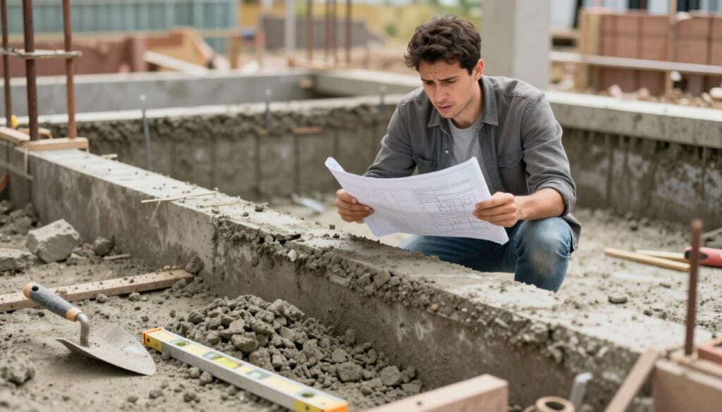 A construction site focused on common foundation installation mistakes made by beginners. Foreground features a close-up of poorly mixed concrete spilling over the edge of a foundation hole, with tools like a trowel and a level scattered nearby. In the middle, a beginner builder dressed in modest casual clothing inspects the foundation with a worried expression, holding a blueprint incorrectly. The background showcases a half-constructed foundation with visible issues: uneven leveling, improper drainage setup, and exposed rebar. Soft, natural lighting illuminates the scene, emphasizing the imperfections. The atmosphere is a blend of concern and urgency, capturing the challenges faced by novices in foundation installation. The image should maintain a clear and focused perspective, highlighting the mistakes for educational purposes.