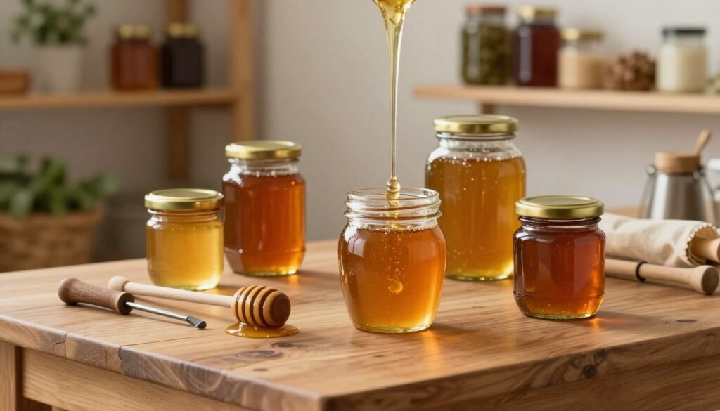 A cozy and organized bottling environment for honey, featuring a wooden table in the foreground with jars of honey waiting to be filled. There are glass jars in various sizes, some capped with golden lids, while a honey dipper rests elegantly beside them. In the middle, a warm, amber-colored flow of honey cascades into a jar, reflecting the soft light. An assortment of beekeeping tools, like a smoker and a hive tool, is neatly arranged on the table, adding authenticity to the scene. In the background, shelves filled with herbs and natural ingredients enhance the tranquil atmosphere, while soft, warm lighting illuminates the space, evoking a sense of warmth and care in preparing the bottling environment. The angle captures the scene at a slight elevation, giving a clear view of the intricate details.