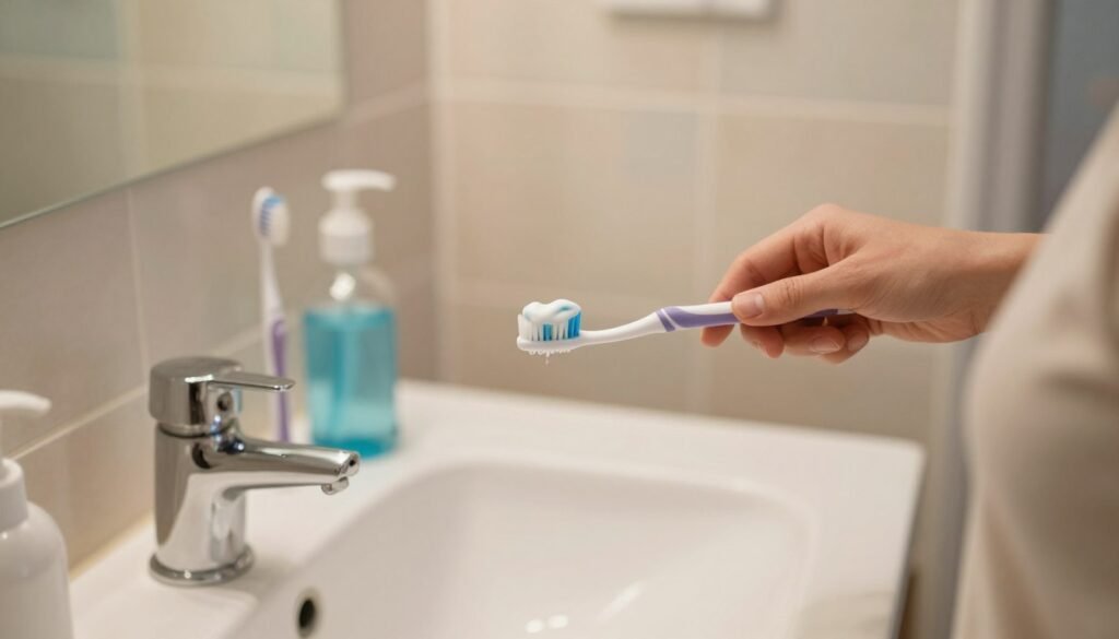 A cozy bathroom scene featuring a person in modest casual clothing, gently brushing their teeth after a dental extraction. In the foreground, a close-up shows the individual holding a toothbrush with toothpaste, focused on proper brushing technique. The middle ground includes a sink with a dental care set, featuring a small mirror, mouthwash, and soft bristle toothbrushes. In the background, soft, warm lighting enhances the serene atmosphere, illuminating pastel-colored tiles and a clean countertop. The image captures a sense of determination and self-care, emphasizing the importance of resuming oral hygiene after a dental procedure. The angle is slightly elevated, providing a clear view of the brushing action without distractive elements or any text. A cozy bathroom scene featuring a person in modest casual clothing, gently brushing their teeth after a dental extraction. In the foreground, a close-up shows the individual holding a toothbrush with toothpaste, focused on proper brushing technique. The middle ground includes a sink with a dental care set, featuring a small mirror, mouthwash, and soft bristle toothbrushes. In the background, soft, warm lighting enhances the serene atmosphere, illuminating pastel-colored tiles and a clean countertop. The image captures a sense of determination and self-care, emphasizing the importance of resuming oral hygiene after a dental procedure. The angle is slightly elevated, providing a clear view of the brushing action without distractive elements or any text.