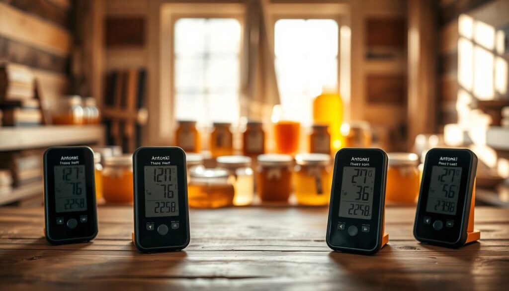 A cozy honey room featuring Antonki digital thermometers placed prominently on a wooden table in the foreground, showcasing their sleek modern design and digital display. In the middle ground, jars of honey in varying shades are artfully arranged, reflecting the warmth of the setting. The background consists of soft, natural light filtering through a window, casting gentle shadows that create a tranquil atmosphere. The scene is well-composed with a shallow depth of field, focusing sharply on the thermometers while subtly blurring the honey jars. The overall mood conveys a sense of warmth and professionalism, highlighting the effectiveness of the Antonki thermometers in monitoring room temperature within a beekeeping context.