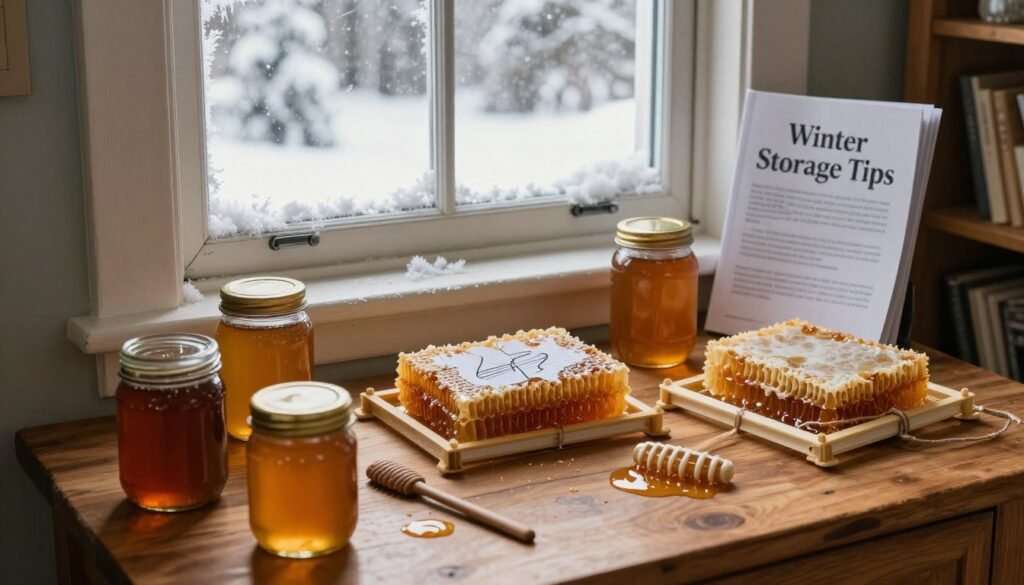 A cozy indoor scene depicting common winter mistakes related to storing drawn comb without a freezer. In the foreground, a wooden table cluttered with various jars of honey, some leaking due to improper sealing, and a few wax comb frames sitting unbanded. In the middle ground, a quaint window reveals a snowy landscape outside, with frost forming around the edges, highlighting the chill of winter. On a nearby shelf, an instruction booklet titled "Winter Storage Tips" sits unopened, hinting at the theme of the section. Soft, warm lighting illuminates the scene, creating a homely atmosphere reminiscent of winter indoors. Use a slightly overhead angle to capture the mishaps clearly, ensuring focus on both the drawn comb and the mistakes surrounding it.