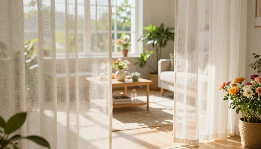 A cozy indoor setting featuring a screened inner cover, elegantly displayed in a sunlit room. The foreground showcases the detailed mesh fabric of the cover, highlighting its fine weave and soft texture. In the middle, a well-furnished living space is illuminated by warm, dappled sunlight filtering through the screens, creating a gentle ambiance. Potted plants and fresh flowers add vibrant touches of green and color, enhancing the fresh summer feel. In the background, a window shows a sunny outdoor scene, evoking a tranquil summer day. The mood is serene and inviting, perfect for summer ventilation. The image should be captured from a slightly elevated angle to emphasize the depth and layering, with soft focus on the background for a dreamy effect.
