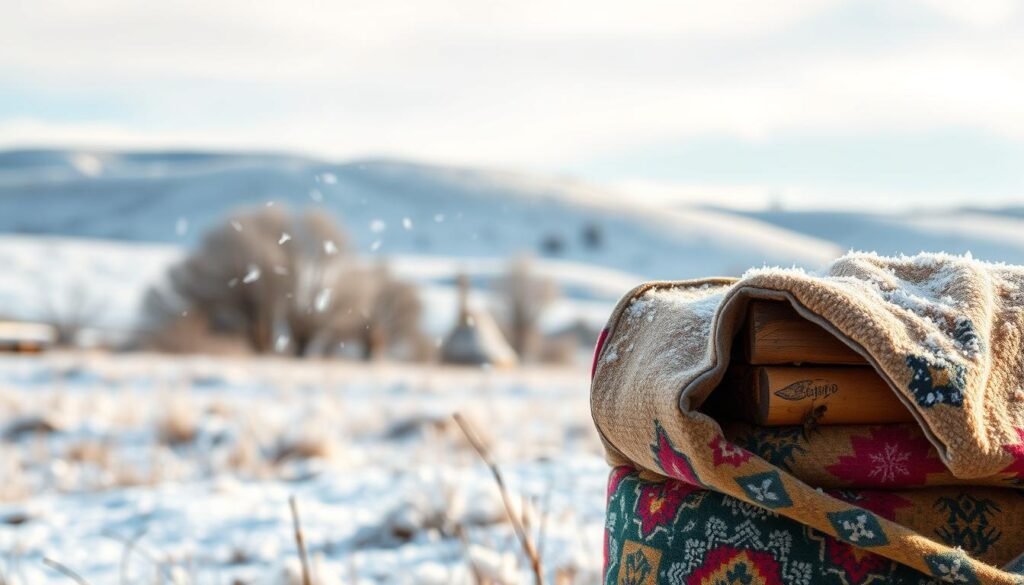 A cozy, intricately designed beehive wrapped in a thick, insulated hive wrap, showcasing various textures and colors suited for cold climates. The foreground features the hive, dressed in a snug, weather-resistant fabric with vivid patterns, highlighting its role in protecting bees from chilly conditions. In the middle ground, delicate snowflakes gently fall, creating a serene and chilly atmosphere. The background includes a soft-focus view of a frost-covered landscape, with gently rolling hills and sparse trees under a pale blue sky. Soft, diffused natural lighting enhances the wintry scene while casting subtle shadows on the hive wrap, emphasizing its importance for beekeepers in harsh climates. The overall mood is tranquil and protective, illustrating the crucial aspect of hive insulation.