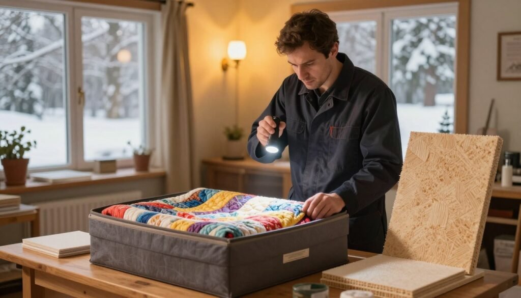 A cozy, inviting winter scene showcasing a well-organized inspection area for quilt boxes and moisture boards. In the foreground, a neatly opened quilt box reveals vibrant, soft quilts with intricate patterns, while a moisture board is displayed nearby, highlighting its texture and structure. In the middle ground, a knowledgeable technician in professional attire checks the contents of the quilt box, using a flashlight for detailed examination, their expression focused and analytical. The background features a softly lit room with a large window overlooking snow-covered trees, casting a warm, golden light across the scene. The atmosphere feels calm and serene, emphasizing the importance of routine inspections and maintenance. The composition is balanced and engaging, inviting the viewer to contemplate the best practices for winter preparation. A cozy, inviting winter scene showcasing a well-organized inspection area for quilt boxes and moisture boards. In the foreground, a neatly opened quilt box reveals vibrant, soft quilts with intricate patterns, while a moisture board is displayed nearby, highlighting its texture and structure. In the middle ground, a knowledgeable technician in professional attire checks the contents of the quilt box, using a flashlight for detailed examination, their expression focused and analytical. The background features a softly lit room with a large window overlooking snow-covered trees, casting a warm, golden light across the scene. The atmosphere feels calm and serene, emphasizing the importance of routine inspections and maintenance. The composition is balanced and engaging, inviting the viewer to contemplate the best practices for winter preparation.