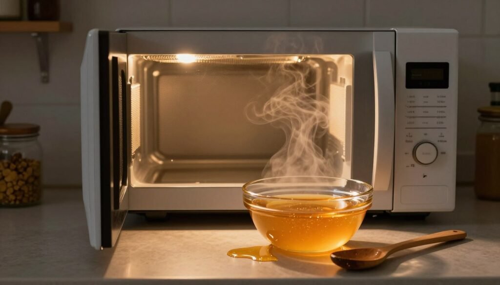 A cozy kitchen scene featuring a clear glass bowl of golden honey positioned in a microwave. The microwave door is slightly ajar, revealing the warm, glowy amber of the honey inside. There are delicate steam wisps escaping, hinting at the heating process. In the foreground, a wooden spoon rests beside the bowl, with a few drips of honey glistening on the countertop. The middle of the image showcases the microwave, illuminated by soft, warm lighting to create an inviting atmosphere. The background features muted kitchen decor, including shelves with jars and spices, adding to the homely feel. The overall mood is serene and cautionary, emphasizing the care needed when warming honey. The camera angle is slightly above eye level, capturing both the honey and the microwave's interior effectively.