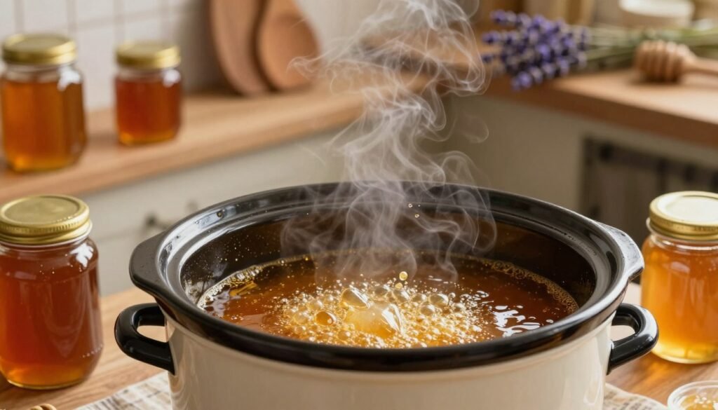 A cozy kitchen scene focused on a slow cooker filled with warm, golden honey, gently bubbling. In the foreground, the slow cooker is clearly visible, with steam rising and droplets glistening on the lid. Surrounding it are various jars of crystallized honey, some with lids off, showcasing their different textures and colors. The middle ground features warm, soft lighting illuminating the honey, reflecting off the ceramic surface of the slow cooker. In the background, rustic wooden shelves display cooking utensils and sprigs of lavender, adding a touch of warmth and homeliness. The overall atmosphere is inviting and serene, evoking the feeling of a comforting kitchen filled with the sweet aroma of honey. The angle is slightly elevated, giving a clear view of the slow cooker with a shallow depth of field to draw focus on the honey.