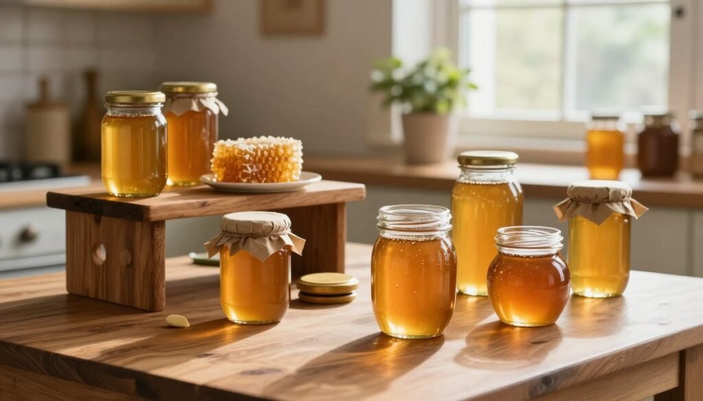A cozy kitchen scene showcasing a variety of honey storage options. In the foreground, a wooden table is elegantly arranged with several glass jars filled with golden honey, reflecting soft natural light. Some jars are open, allowing the viewer to see the rich, viscous texture, while others are sealed with beeswax lids. In the middle, a rustic wooden shelf displays honeycomb and additional jars, suggesting an artisanal approach to honey storage. A potted bee plant adds a touch of greenery. In the background, a sunlit window casts gentle rays, creating a warm, inviting atmosphere. The overall mood is comforting, emphasizing best practices for storing honey long-term in a homey kitchen setting.