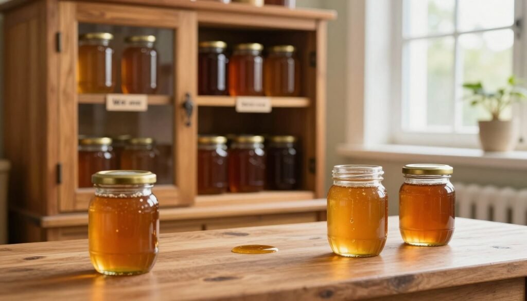 A cozy kitchen scene showcasing best practices for honey storage. In the foreground, a wooden table displays various glass jars filled with golden honey, some correctly sealed with airtight lids, others slightly open, letting out a tiny drip of honey. In the middle, a warm-toned, rustic cupboard is visible, organized with labels indicating warm and cool storage locations. A window in the background allows soft, natural light to filter in, creating a tranquil atmosphere. The colors are rich and inviting, emphasizing the warmth of honey. No humans are present, ensuring a focus on the storage principles without distractions. The image captures a serene, educational mood related to optimal honey preservation.