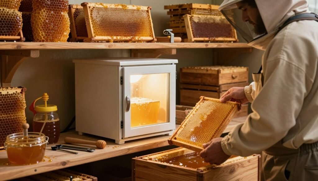 A cozy, well-lit honey storage room filled with wooden supers stacked neatly on shelves. In the foreground, a beekeeper in modest casual clothing is gently inspecting a honey super, the warm glow of soft, diffused lighting highlighting the golden, viscous honey within. The middle ground reveals a small, temperature-controlled warming cabinet designed for warming honey supers, its glass door slightly ajar, emitting a soft light. On the surfaces, various beekeeping tools are arranged, such as a honey extractor and uncapping knife. In the background, honeycomb frames are artfully displayed, showcasing their rich, golden hue. The atmosphere evokes a sense of warmth and meticulous care, reflecting best practices for storing and warming honey supers, with an emphasis on clarity and tidiness.