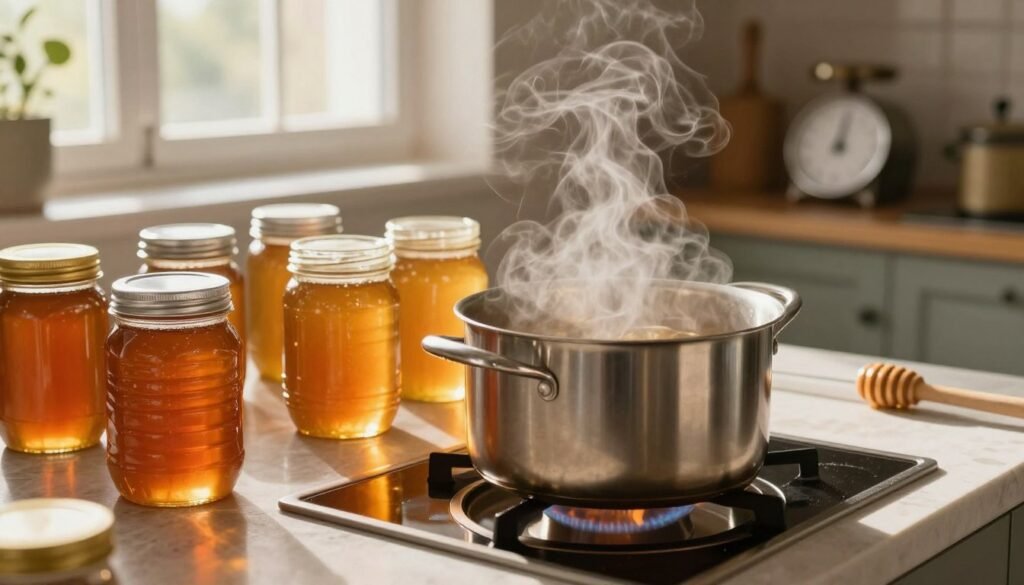 A cozy, well-lit kitchen scene focused on the process of warming honey supers for bottling. In the foreground, a stainless steel pot gently heating over a low flame, steam rising softly. Bright jars of honey in various stages of bottling are semi-visible in the middle ground, showcasing both clarity and color of the honey. The kitchen is bathed in warm, natural light from a window, adding a golden hue to the scene, reflecting the honey's radiant glow. Soft shadows create a calming atmosphere, inviting the viewer into this artisanal space. A scale and honey extractor can be subtly seen in the background, emphasizing the meticulous preparation process. The composition should feel harmonious and professional, evoking the best practices of honey bottling.