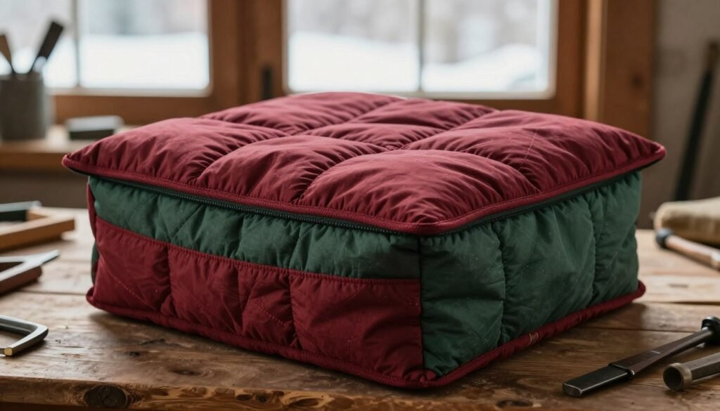 A cozy winter quilt box designed for colony insulation, prominently featured in the foreground, showcasing its soft, textured fabric and warm colors like deep reds and forest greens. Behind it, a slightly blurred wooden setting that hints at a rustic workshop ambiance, with scattered tools and fabric remnants. The background gleams with natural light filtering through a frosted window, casting a gentle glow that highlights the quilt box's intricate stitching and insulation properties. Capture the scene from a slightly elevated angle, emphasizing the quilt box’s three-dimensionality while maintaining focus on its functional beauty. The overall atmosphere should evoke warmth and comfort, suitable for a winter's day, emphasizing the practical yet inviting nature of the quilt box for insulation. A cozy winter quilt box designed for colony insulation, prominently featured in the foreground, showcasing its soft, textured fabric and warm colors like deep reds and forest greens. Behind it, a slightly blurred wooden setting that hints at a rustic workshop ambiance, with scattered tools and fabric remnants. The background gleams with natural light filtering through a frosted window, casting a gentle glow that highlights the quilt box's intricate stitching and insulation properties. Capture the scene from a slightly elevated angle, emphasizing the quilt box’s three-dimensionality while maintaining focus on its functional beauty. The overall atmosphere should evoke warmth and comfort, suitable for a winter's day, emphasizing the practical yet inviting nature of the quilt box for insulation.