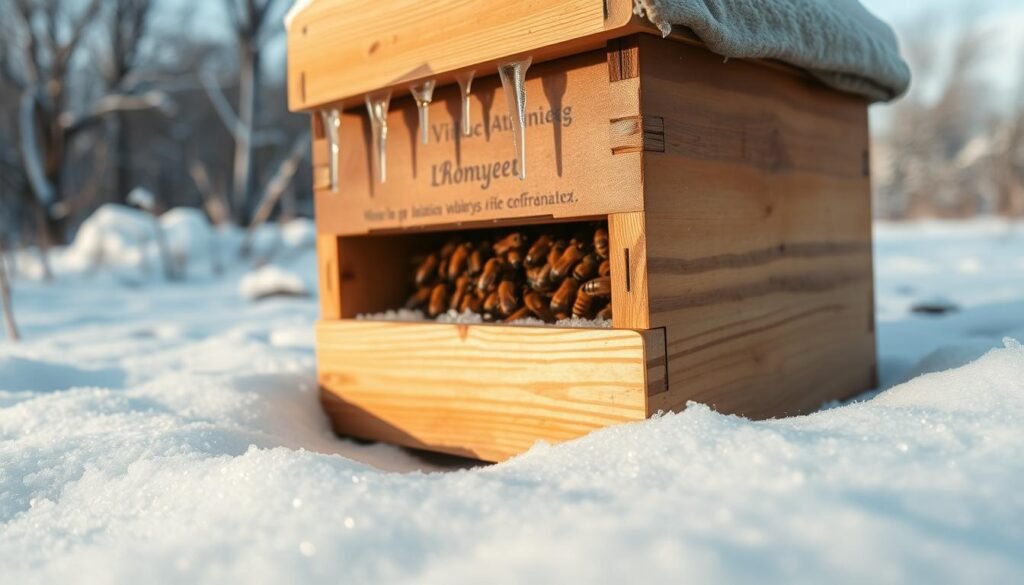 A cozy winter scene featuring an overwintering nuc box designed for honeybee transport. In the foreground, the wooden nuc box, well-insulated with protective covering, is placed on a bed of snow, with small frost crystals glistening in the soft morning light. In the middle ground, a cluster of bees can be seen clustering together for warmth, while delicate icicles hang from the edges of the box. The background showcases a serene winter landscape with snow-covered trees and a pale blue sky, hinting at a calm, cold day. The image is captured from a low angle, emphasizing the nuc box and creating a sense of intimacy. The overall atmosphere is peaceful and serene, reflecting the resilience and preparation needed for successful overwintering. A cozy winter scene featuring an overwintering nuc box designed for honeybee transport. In the foreground, the wooden nuc box, well-insulated with protective covering, is placed on a bed of snow, with small frost crystals glistening in the soft morning light. In the middle ground, a cluster of bees can be seen clustering together for warmth, while delicate icicles hang from the edges of the box. The background showcases a serene winter landscape with snow-covered trees and a pale blue sky, hinting at a calm, cold day. The image is captured from a low angle, emphasizing the nuc box and creating a sense of intimacy. The overall atmosphere is peaceful and serene, reflecting the resilience and preparation needed for successful overwintering.