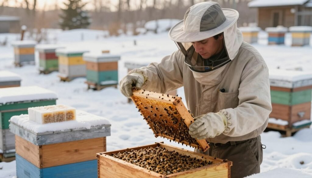 A cozy winter setting focused on a beekeeper troubleshooting winter feeding issues for bees. In the foreground, a beekeeping professional, dressed in modest casual attire and protective gear, is carefully inspecting a candy board with a thoughtful expression. The middle ground features various winter feeding options like sugar bricks and candy boards, showcasing their texture and colors. In the background, a snowy landscape enveloped in soft daylight, with hints of beehives nestled under blankets of snow. The scene is illuminated by warm, diffused light, creating a serene and contemplative atmosphere, emphasizing the importance of bee care in winter.