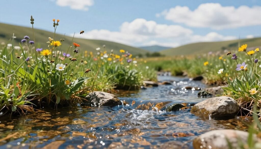 A crystal-clear water source set in a serene, natural environment, showcasing a small, gently flowing stream surrounded by lush green plants. In the foreground, the water sparkles under warm sunlight as it dances over smooth stones. In the middle ground, vibrant wildflowers bloom near the water's edge, adding pops of color and attracting pollinators like bees and butterflies. The background features a soft-focus landscape of gently rolling hills and a bright blue sky scattered with fluffy white clouds, creating a peaceful, inviting atmosphere. The scene is illuminated with soft, natural lighting, reflecting a calm, clean ecosystem essential for pollinator health. The image should be devoid of any text or branding, capturing the essence of maintaining clean water for wildlife.