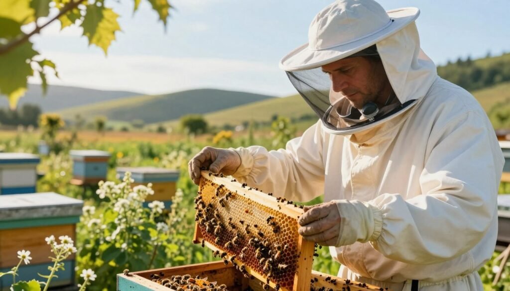 A dedicated beekeeper in a lush, organic apiary, wearing a protective white beekeeping suit and a veil, gently inspecting a vibrant honeycomb frame filled with bees. In the foreground, focus on the beekeeper's hands, emphasizing careful interaction with the bees, showcasing a deep sense of responsibility and care. The middle ground features flowering plants and hives, illustrating a thriving ecosystem. Soft, golden sunlight filters through the leaves, casting a warm glow on the scene, enhancing the natural beauty and tranquility of the environment. In the background, rolling hills and a clear blue sky evoke a peaceful rural setting, reflecting harmony with nature. The mood should be serene and fulfilling, capturing the ethical considerations of beekeeping.