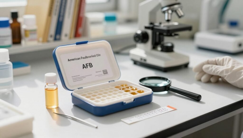 A detailed American foulbrood diagnostic kit placed on a clean laboratory table, showcasing a collection of essential tools: a small vial of honey sample, a magnifying glass, a pair of tweezers, and a testing strip. The foreground focuses on the kit, casting soft shadows that enhance visibility, while the middle ground features a bright workspace with a microscope and gloves, indicating a ready-to-use environment. The background is softly blurred with shelves holding beekeeping literature and equipment, hinting at professionalism and expertise. Warm, natural lighting highlights the kit's components, creating a sterile yet inviting atmosphere. The composition suggests a serious, investigative mood, emphasizing the importance of confirming AFB presence.
