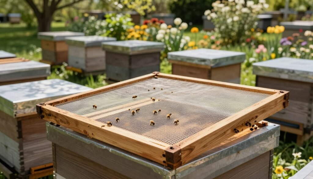 A detailed, advanced design of a robbing screen for beehives, prominently displayed in the foreground. The robbing screen features a sturdy, wooden frame with fine mesh, designed to protect the hive while allowing bees to enter and exit. The middle ground shows an apiary with several beehives, each equipped with similar robbing screens, creating a sense of security and organization. In the background, a lush garden filled with blooming flowers and greenery enhances the setting, symbolizing a thriving ecosystem. Soft, natural lighting filters through the trees, casting gentle shadows, creating an inviting and peaceful atmosphere. The composition is shot from a slightly elevated angle to showcase the integration of the robbing screens within the apiary, emphasizing their role in effective protection. A detailed, advanced design of a robbing screen for beehives, prominently displayed in the foreground. The robbing screen features a sturdy, wooden frame with fine mesh, designed to protect the hive while allowing bees to enter and exit. The middle ground shows an apiary with several beehives, each equipped with similar robbing screens, creating a sense of security and organization. In the background, a lush garden filled with blooming flowers and greenery enhances the setting, symbolizing a thriving ecosystem. Soft, natural lighting filters through the trees, casting gentle shadows, creating an inviting and peaceful atmosphere. The composition is shot from a slightly elevated angle to showcase the integration of the robbing screens within the apiary, emphasizing their role in effective protection.