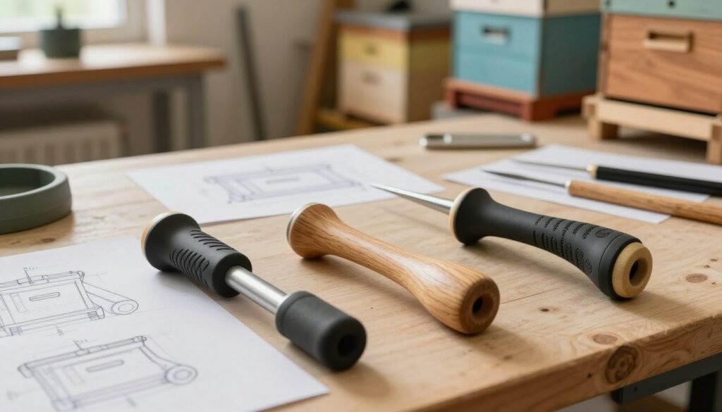 A detailed and artistic rendering of various ergonomic grip designs specifically tailored for hive handles used in heavy supers. In the foreground, showcase three innovative handle designs, showcasing a blend of materials like rubber, wood, and metal, with an emphasis on comfortable contours and grip texture. In the middle ground, display a workbench with tools and sketches of the designs, highlighting the craftsmanship behind each handle. In the background, arrange a softly lit workshop environment filled with beekeeping equipment, creating an environment of productivity and innovation. Use natural, diffused lighting to enhance the warmth of the materials, and capture the scene from a slightly elevated angle to convey a sense of depth and focus on the grips. The overall mood should feel professional and inviting, suited for an audience interested in practical hive equipment solutions.