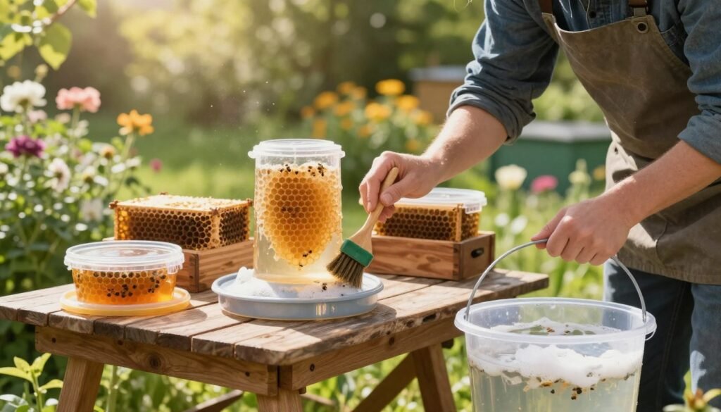 A detailed and clean outdoor setting showcasing a person in professional casual attire, carefully cleaning a bee feeder in bright, natural light. In the foreground, the individual is holding a brush and a bucket of soapy water, meticulously scrubbing a transparent feeder with a honeycomb design. The middle ground features an array of cleaned and drying bee feeders on a rustic wooden table, surrounded by lush greenery and blooming flowers, suggesting a healthy bee habitat. In the background, soft sunlight filters through leaves, casting gentle shadows and creating a warm, inviting atmosphere. The focus is sharp on the cleaner and the feeders, while the background is softly blurred, emphasizing the task at hand and promoting a sense of tranquility and diligence in nature conservation.
