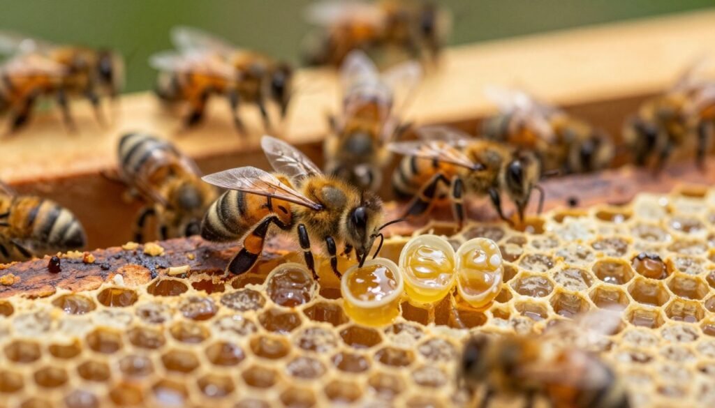 A detailed and close-up view of seasonal timing queen cells in a vibrant beehive. In the foreground, focus on several queen cells, each oval-shaped and filled with royal jelly, glistening under soft natural light. The middle layer shows a cluster of worker bees attentively tending to the queen cells, showcasing their delicate body structures and fine hairs, with varying shades of amber and brown. In the background, softly blurred frames of honeycomb and dark wood hive components represent the natural habitat. The atmosphere is serene and industrious, conveying the critical role of queen cells in bee reproduction cycles during different seasons. Use a macro lens perspective to highlight textures, with gentle sunlight filtering through, creating a warm and inviting ambiance. A detailed and close-up view of seasonal timing queen cells in a vibrant beehive. In the foreground, focus on several queen cells, each oval-shaped and filled with royal jelly, glistening under soft natural light. The middle layer shows a cluster of worker bees attentively tending to the queen cells, showcasing their delicate body structures and fine hairs, with varying shades of amber and brown. In the background, softly blurred frames of honeycomb and dark wood hive components represent the natural habitat. The atmosphere is serene and industrious, conveying the critical role of queen cells in bee reproduction cycles during different seasons. Use a macro lens perspective to highlight textures, with gentle sunlight filtering through, creating a warm and inviting ambiance.