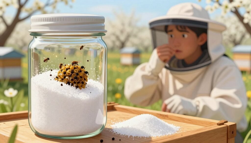 A detailed and educational illustration showcasing common sugar shake mistakes in varroa mite testing. In the foreground, a close-up view of a beekeeping setup featuring a transparent sugar shake jar, partially filled with sugar, alongside a bee sample. The sugar is clumping up improperly, and visible bee debris indicates a mistake in execution. The middle ground shows a beekeeper, dressed in professional attire, observing the setup with a thoughtful expression, emphasizing a sense of concern over the testing accuracy. The background includes a soft-focus apiary scene with blooming flowers and bee hives, bathed in warm, natural sunlight, creating an informative and approachable atmosphere. The image should evoke a mood of learning and caution, inviting viewers to recognize and address these common errors. A detailed and educational illustration showcasing common sugar shake mistakes in varroa mite testing. In the foreground, a close-up view of a beekeeping setup featuring a transparent sugar shake jar, partially filled with sugar, alongside a bee sample. The sugar is clumping up improperly, and visible bee debris indicates a mistake in execution. The middle ground shows a beekeeper, dressed in professional attire, observing the setup with a thoughtful expression, emphasizing a sense of concern over the testing accuracy. The background includes a soft-focus apiary scene with blooming flowers and bee hives, bathed in warm, natural sunlight, creating an informative and approachable atmosphere. The image should evoke a mood of learning and caution, inviting viewers to recognize and address these common errors.