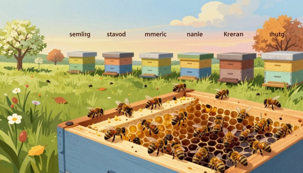 A detailed and informative illustration depicting seasonal mite levels in honeybee hives. Foreground: a close-up of a sturdy beehive with bees actively entering and exiting, showing healthy activity. Middle ground: a seasonal landscape transitioning from spring to autumn, with lush green vegetation, blooming flowers, and scattered fallen leaves, representing the changing environment around the hive. Background: a subtle gradient of sky colors from a sunny day to a soft, cloudy evening, hinting at the passage of time and seasons. Soft, natural lighting illuminates the scene, emphasizing the vibrancy of the bees and the hive. The mood is serene and educational, inviting viewers to consider the importance of seasonal changes in mite management strategies. Ensure no text or overlays are present in the image.