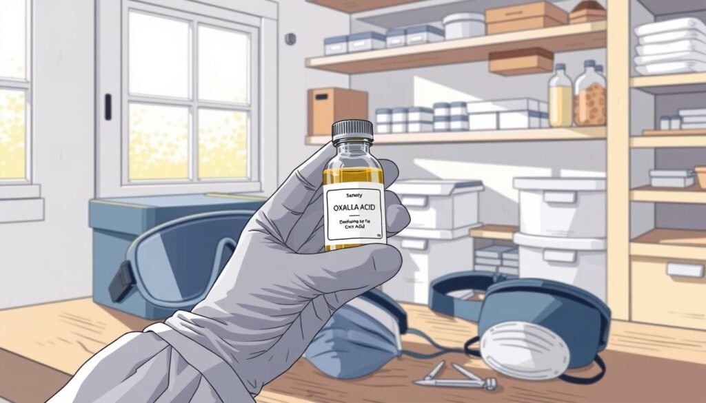 A detailed and informative illustration focused on the safe handling and storage of oxalic acid, specifically for beekeepers. In the foreground, a pair of gloved hands carefully holding a small, clearly labeled oxalic acid bottle, demonstrating a professional approach to safety. The middle ground should feature a beekeeping workspace, with protective gear such as goggles and a mask neatly arranged beside the bottle. The background can show a well-organized storage area, emphasizing cleanliness and order with shelves holding various beekeeping supplies. Soft, natural lighting filters in from a nearby window, casting gentle shadows to create a sense of calm and professionalism. The overall mood should be serious and informative, underscoring the importance of safety protocols in chemical handling.