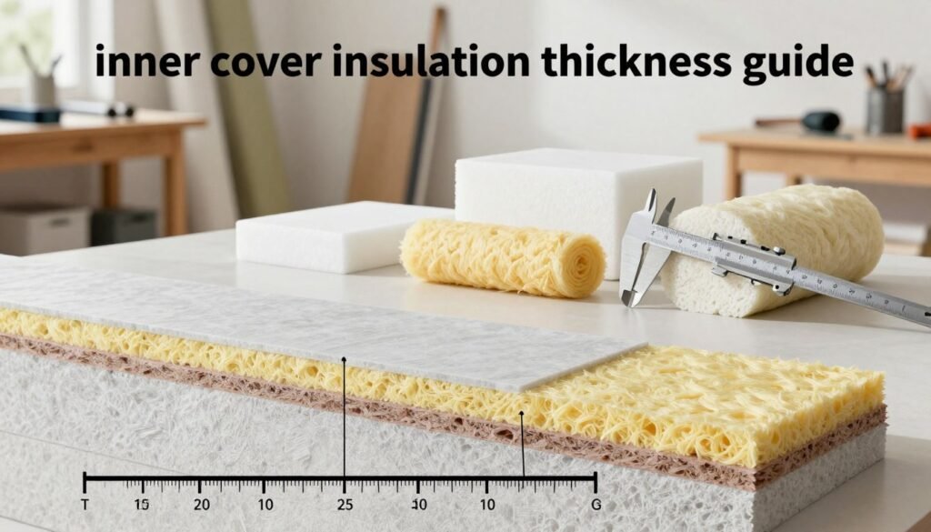 A detailed and informative illustration of an "inner cover insulation thickness guide," featuring a scale with various thickness measurements indicated, in a clean, professional design. In the foreground, place a cross-section view of an insulated wall showing distinct layers, such as insulation, vapor barrier, and outer cover, with labels highlighting each component. In the middle, include realistic representations of insulation materials, like foam and fiberglass, arranged neatly with a caliper demonstrating measurement techniques. The background should depict a well-lit workshop environment with tools and materials related to insulation, creating an educational and practical atmosphere. Use soft, diffused lighting to enhance visibility of textures while maintaining a clear focus on the insulation guide elements, emphasizing clarity and professionalism throughout.