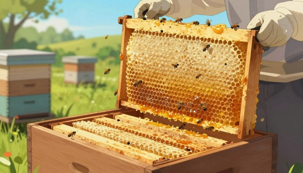 A detailed and informative illustration of the "closed stack method" for storing honey supers with drawn comb between flows. In the foreground, display neatly stacked honey supers, each filled with drawn comb, showcasing golden honey sections glistening under soft, natural sunlight. In the middle ground, include a wooden beehive structure with bees subtly buzzing around, emphasizing activity and productivity. The background should feature a serene apiary setting with lush greenery and a clear blue sky, enhancing the peaceful atmosphere. Use a slightly elevated angle to capture the full arrangement while allowing natural light to create gentle shadows and highlights. The overall mood should be calm and industrious, reflecting the harmony of beekeeping practices.