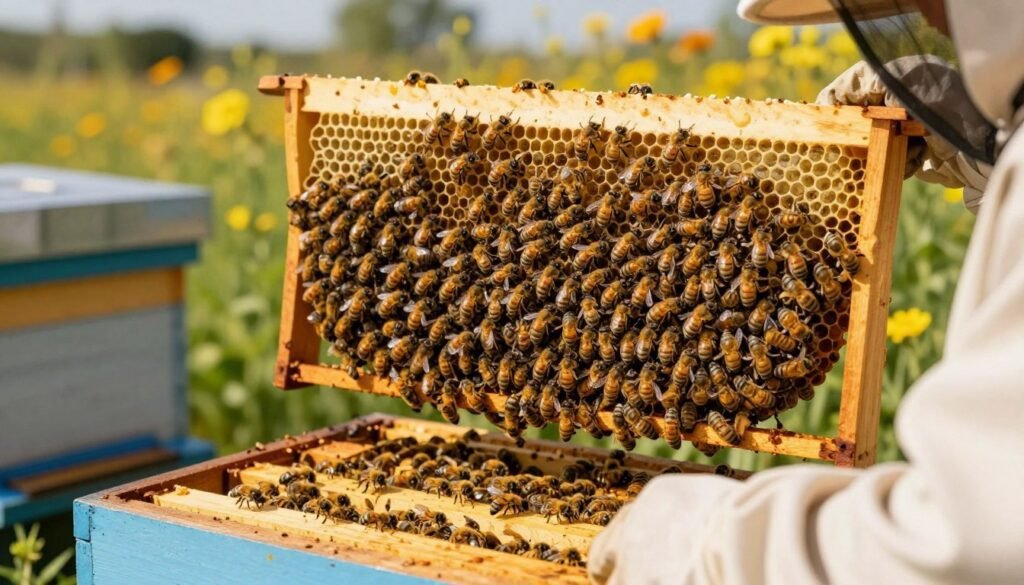 A detailed and informative image depicting the Cluster Count Method for assessing honey bee colony strength. In the foreground, a close-up view of a beekeeper wearing a protective suit, carefully examining a frame of a beehive filled with bees clustered together. In the middle ground, the beehive is visible, with multiple frames showing bees in various formations, illustrating how the cluster count is measured. The background features lush flowers and a sunny sky, indicating a healthy pollination environment. The lighting is soft and warm, highlighting the bees' golden color and the intricate details of the hive structure. The atmosphere is vibrant and productive, capturing the essence of evaluating the colony’s readiness for pollination. A detailed and informative image depicting the Cluster Count Method for assessing honey bee colony strength. In the foreground, a close-up view of a beekeeper wearing a protective suit, carefully examining a frame of a beehive filled with bees clustered together. In the middle ground, the beehive is visible, with multiple frames showing bees in various formations, illustrating how the cluster count is measured. The background features lush flowers and a sunny sky, indicating a healthy pollination environment. The lighting is soft and warm, highlighting the bees' golden color and the intricate details of the hive structure. The atmosphere is vibrant and productive, capturing the essence of evaluating the colony’s readiness for pollination.