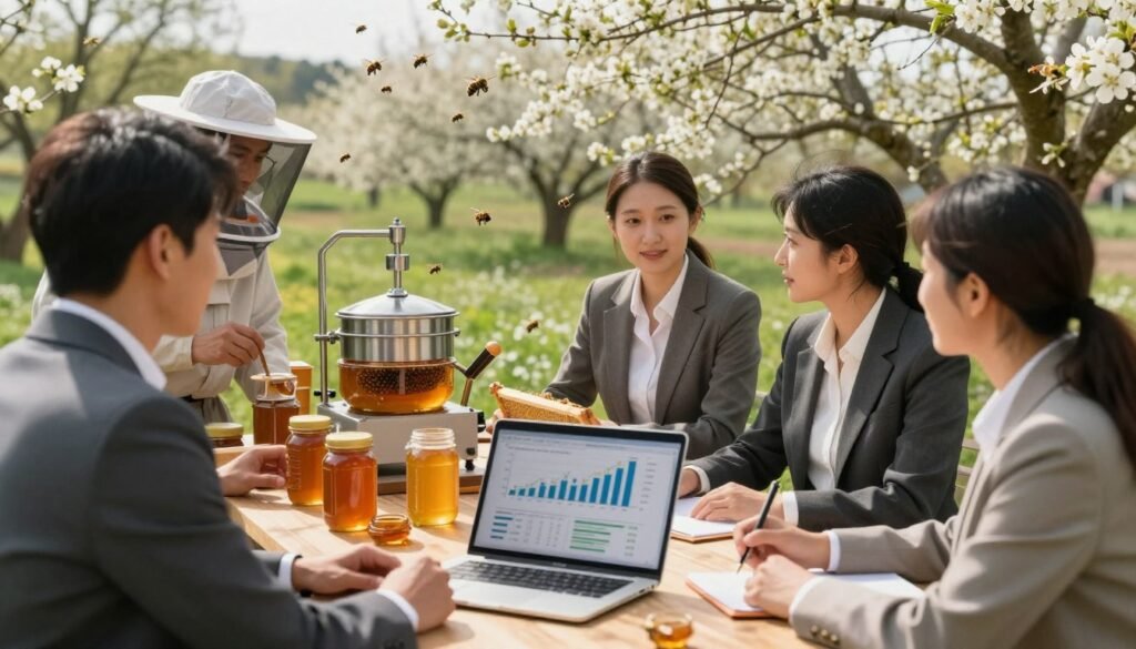 A detailed and informative scene depicting the economics of honey production. In the foreground, a diverse group of professional individuals in business attire, such as suits and blouses, are engaged in a discussion with a laptop displaying financial graphs and honey production data. In the middle ground, various honey production equipment, like honey extractors and beekeeping tools, are neatly arranged alongside jars of honey. In the background, a lush spring landscape features blooming flowers and buzzing bees, emphasizing the pollination aspect of the economy. Soft, natural lighting filters through, creating a bright and optimistic atmosphere. The angle is slightly elevated, providing a comprehensive view of the setup while maintaining a warm, inviting ambiance.