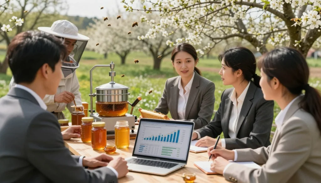 Scene depicting the economics of honey production