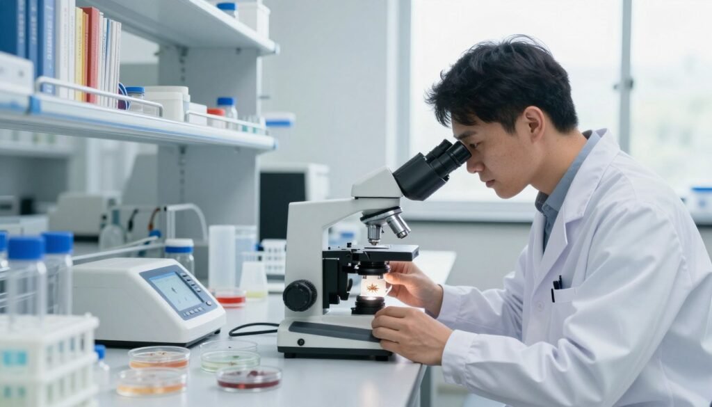 A detailed and informative scene illustrating post-treatment mite levels, set in a bright, sterile laboratory environment. In the foreground, a professional scientist in a white lab coat examines a microscope slide, revealing high-resolution mite specimens. The middle layer features a well-organized laboratory bench filled with petri dishes, measuring equipment, and a digital counter displaying mite levels, contributing to a sense of meticulous monitoring. In the background, shelves lined with reference books and research materials are softly illuminated to create an academic atmosphere. Natural light streams through large windows, enhancing the clarity of the scene. Capture the mood of diligence and scientific inquiry, with a focus on precision and professionalism. The image should be clean, visually engaging, and devoid of any text or distractions.