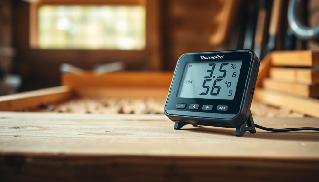 A detailed and lifelike image of a ThermoPro digital hygrometer designed for brood chambers, showcasing its sleek design and digital display. In the foreground, the thermometer is prominently displayed on a wooden surface typical of a honey room, with clear visibility of its precise temperature and humidity readings. The middle ground features a blurred-out brooding box with natural wooden color tones, emphasizing the cozy environment of a beehive setup. In the background, soft, natural lighting creates a warm atmosphere, hinting at honeycomb frames and beekeeping tools, subtly reflecting an ideal brood chamber setting. The camera angle is slightly above eye level, capturing the elegance of this essential beekeeping tool while maintaining an inviting, informative mood.