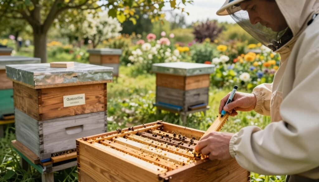 A detailed and organized scene of a beekeeper in a well-maintained apiary, marking frames and supers to label quarantined hives. In the foreground, focus on the beekeeper, dressed in professional protective gear, carefully using colored markers on the edges of wooden frames. The middle ground features several wooden beehives, with clear, visible quarantine labels attached, indicating that they are under observation. In the background, a lush garden landscape with blooming flowers and trees provides a natural setting. Soft, warm sunlight filters through the leaves, creating a serene and focused atmosphere. The perspective should be from a low angle, highlighting the beekeeper's actions against the striking details of the hives and the surrounding environment.