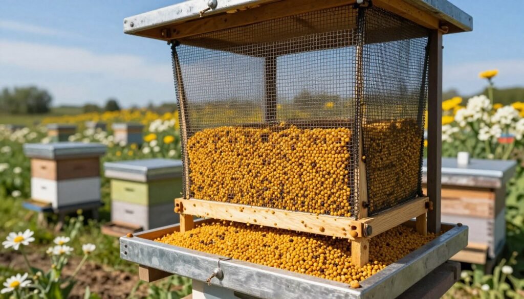 A detailed and realistic bee pollen trap, prominently displayed in the foreground, showcasing its mesh netting and collection trays filled with vibrant, golden bee pollen. In the middle ground, a small apiary with beehives surrounded by blooming flowers, emphasizing the natural environment essential for pollination. The background features a sunny blue sky, gently illuminated by soft sunlight that highlights the pollen's texture and the trap's components. The scene should evoke a sense of efficiency and dedication to beekeeping, with a serene and productive atmosphere. The perspective is slightly tilted to provide depth, capturing the intricate details and emphasizing the importance of selecting the right equipment for effective pollen collection.