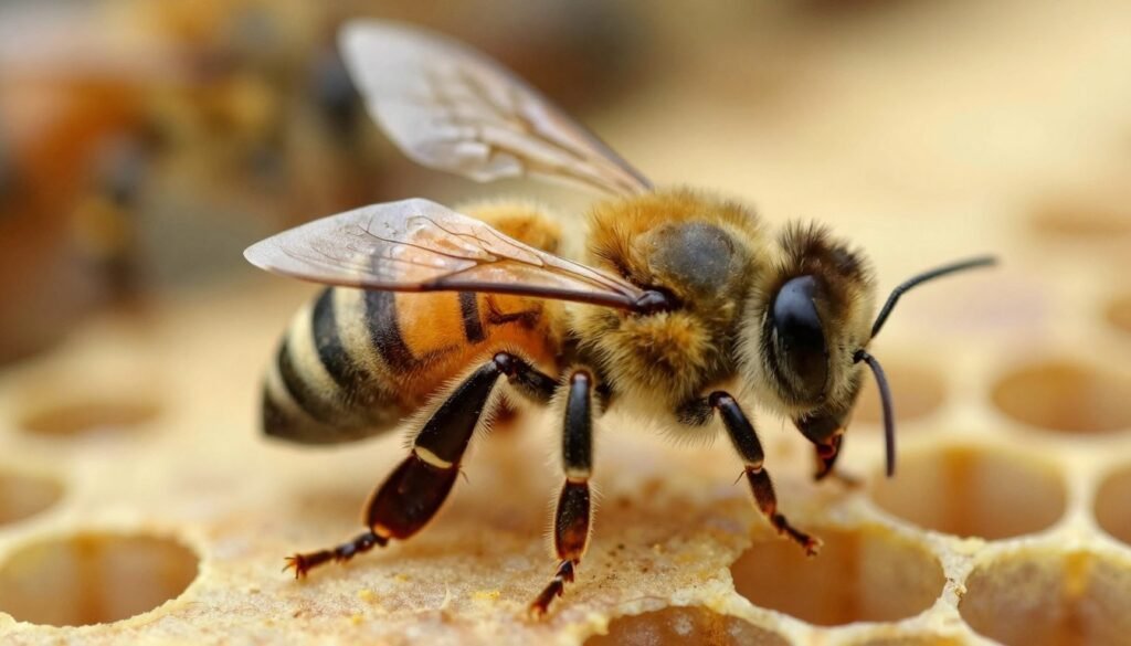 A detailed and realistic close-up of a Varroa destructor mite on a honeybee, showcasing the complex anatomy of the parasite. In the foreground, the Varroa mite is clearly visible, with its distinctive oval shape, hairy legs, and dark coloration contrasting against the bee's golden-yellow fur. The middle ground features the honeybee, with its wings slightly spread, illustrating the stress of infestation. The background is softly blurred, depicting a beehive with honeycomb, conveying the context of a bee environment. The lighting is natural and soft, mimicking sunlight filtering through foliage, creating a calm yet slightly ominous mood, emphasizing the importance of pest identification. A detailed and realistic close-up of a Varroa destructor mite on a honeybee, showcasing the complex anatomy of the parasite. In the foreground, the Varroa mite is clearly visible, with its distinctive oval shape, hairy legs, and dark coloration contrasting against the bee's golden-yellow fur. The middle ground features the honeybee, with its wings slightly spread, illustrating the stress of infestation. The background is softly blurred, depicting a beehive with honeycomb, conveying the context of a bee environment. The lighting is natural and soft, mimicking sunlight filtering through foliage, creating a calm yet slightly ominous mood, emphasizing the importance of pest identification.