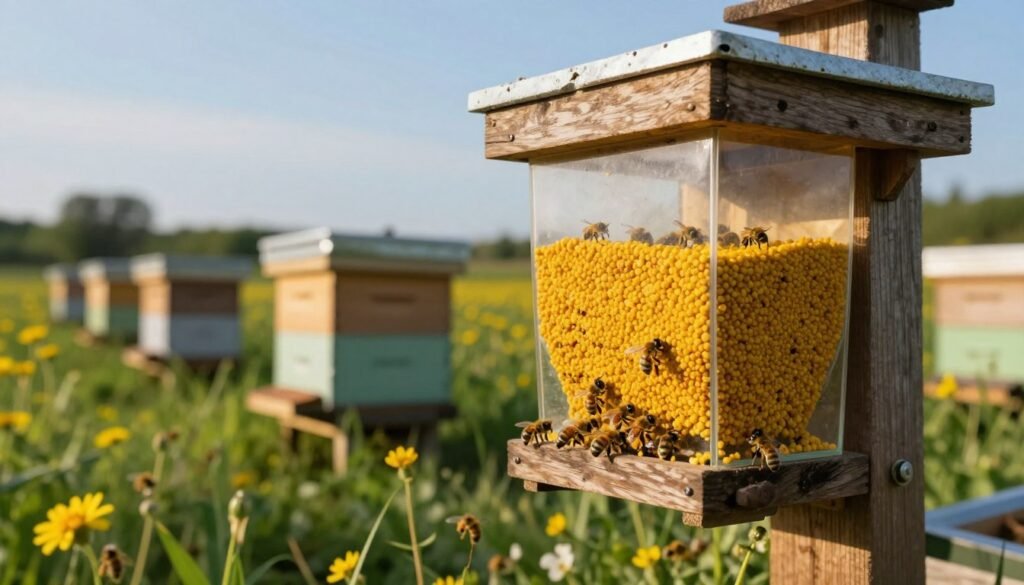 A detailed and realistic depiction of a hive health pollen trap designed for small apiaries, placed prominently in the foreground. The trap features a sturdy construction with a transparent collection chamber showcasing bright yellow pollen granules. Surrounding the trap, bees are actively foraging, highlighting their role in pollen collection. In the middle ground, a small wooden apiary with multiple hives is seen, surrounded by lush greenery and blooming wildflowers, providing a vibrant and healthy environment. The background features a clear blue sky and distant, soft-focus trees, creating a calm and serene atmosphere. The lighting is warm and natural, suggesting a late afternoon glow, perfect for showcasing the vibrancy of the scene. The composition is captured from a low angle to emphasize the importance of the pollen trap in maintaining hive health and colony strength.
