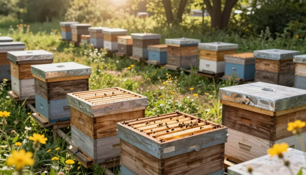 A detailed and realistic depiction of honey supers stacked in an apiary setting, showcasing various sizes and configurations for comparison. In the foreground, focus on a few honey supers with bees actively coming and going, framed by vibrant wildflowers. The middle ground features a gentle slope of different-sized apiaries, each with varying numbers of supers. In the background, soft sunlight filters through trees, casting dappled light on the scene. The image conveys a warm, inviting atmosphere, emphasizing the efficiency of honey supers in different apiary sizes. Use a wide-angle lens to capture the expanse of the apiaries, with a slight blur on the edges to highlight the central focus on the honey supers.