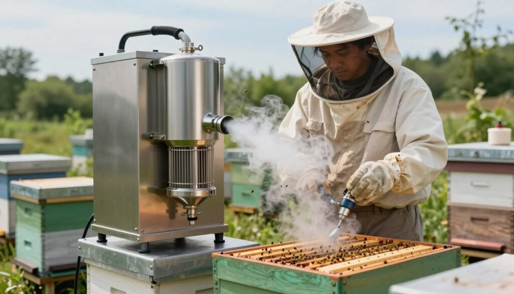 A detailed and realistic depiction of vaporization equipment used in beekeeping, set in a well-lit, organized apiary. In the foreground, showcase a high-tech vaporizer unit with a metallic finish, complete with a visible heating chamber and steam vent, elegantly designed for ease of use. In the middle, include a beekeeper in professional attire, carefully operating the vaporizer with a focus on precision and safety. Surrounding them, various beehives exhibit the effects of vaporization, with bees visibly active yet calm. The background features a clear blue sky and green foliage, indicating a serene outdoor environment. The atmosphere is professional, with soft natural lighting enhancing the clarity of the equipment. Capture this scene from a slightly elevated angle to emphasize both the equipment and the beekeeper's attentiveness, ensuring an engaging yet educational portrayal. A detailed and realistic depiction of vaporization equipment used in beekeeping, set in a well-lit, organized apiary. In the foreground, showcase a high-tech vaporizer unit with a metallic finish, complete with a visible heating chamber and steam vent, elegantly designed for ease of use. In the middle, include a beekeeper in professional attire, carefully operating the vaporizer with a focus on precision and safety. Surrounding them, various beehives exhibit the effects of vaporization, with bees visibly active yet calm. The background features a clear blue sky and green foliage, indicating a serene outdoor environment. The atmosphere is professional, with soft natural lighting enhancing the clarity of the equipment. Capture this scene from a slightly elevated angle to emphasize both the equipment and the beekeeper's attentiveness, ensuring an engaging yet educational portrayal.