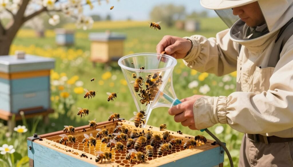 A detailed and vibrant illustration of a queen bee catcher in action, showcasing the intricate tool designed for capturing bees. In the foreground, highlight a skilled beekeeper wearing modest, professional attire, carefully holding the queen bee catcher, which is made of transparent material with a distinct, funnel-shaped design. The middle layer features a close-up of a honeybee colony, with bees buzzing around, some landing on the catcher. In the background, depict a sunny apiary scene with blooming flowers and hives, softly blurred to emphasize depth. Use warm, natural lighting to create a lively and energetic atmosphere, capturing the essence of beekeeping and the importance of the queen bee catcher. The camera angle should be slightly elevated, providing a comprehensive view of the activity.