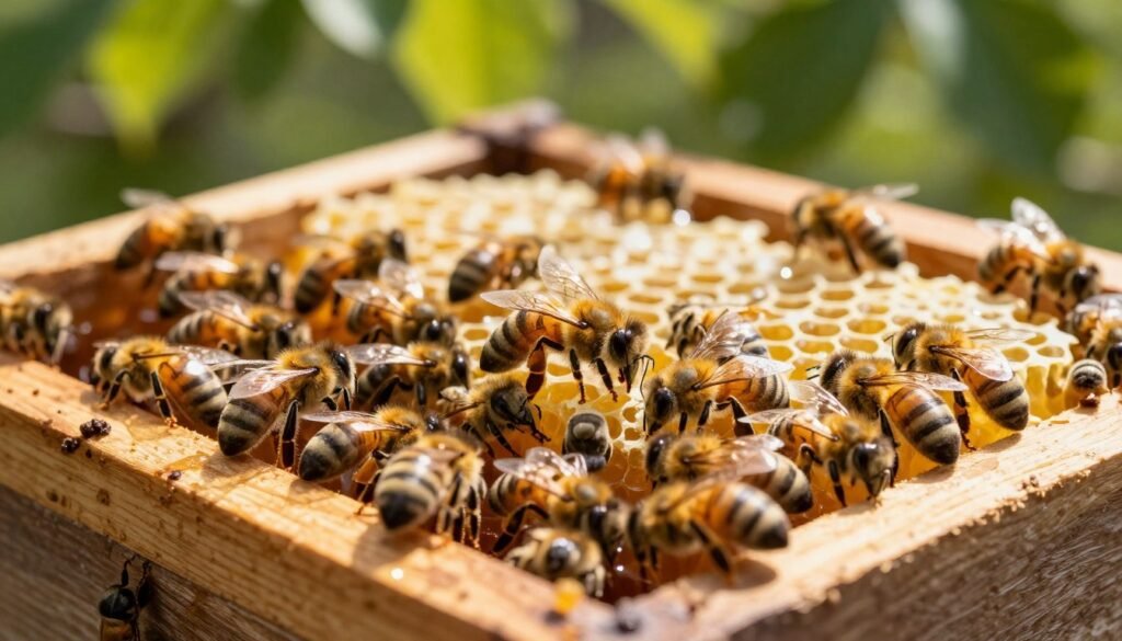 A detailed and vibrant scene of a queen bee's hive, situated prominently in the foreground, showcasing the queen bee surrounded by her loyal worker bees, attending to her care. The hive, adorned with natural textures and shades of brown and yellow, is depicted in a well-lit environment, suggesting the warmth of a sunny day filtering through the leaves above. In the middle ground, honeycomb structures are filled with golden honey, glistening under the soft sunlight. In the background, blurred green foliage creates a serene, peaceful setting, conveying the vitality of nature. The overall atmosphere is harmonious and thriving, emphasizing the importance of queen bee health in maintaining a stable hive. The image captures a close-up view, with the focus on the intricate details of the bees and their environment, highlighting the delicate balance of nature. A detailed and vibrant scene of a queen bee's hive, situated prominently in the foreground, showcasing the queen bee surrounded by her loyal worker bees, attending to her care. The hive, adorned with natural textures and shades of brown and yellow, is depicted in a well-lit environment, suggesting the warmth of a sunny day filtering through the leaves above. In the middle ground, honeycomb structures are filled with golden honey, glistening under the soft sunlight. In the background, blurred green foliage creates a serene, peaceful setting, conveying the vitality of nature. The overall atmosphere is harmonious and thriving, emphasizing the importance of queen bee health in maintaining a stable hive. The image captures a close-up view, with the focus on the intricate details of the bees and their environment, highlighting the delicate balance of nature.