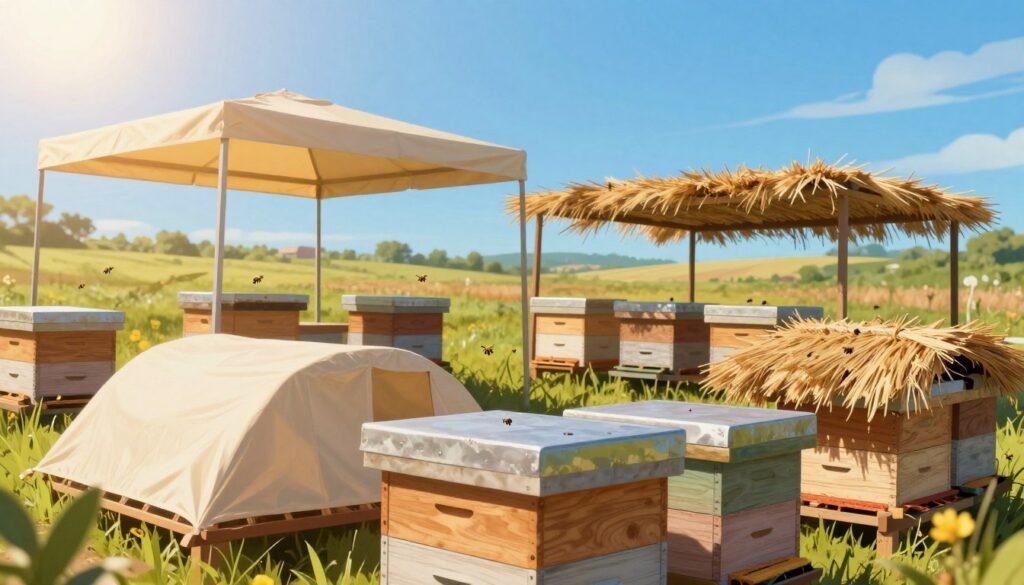 A detailed and vivid illustration showcasing various shade cover options for beehives in a hot climate setting. In the foreground, display a selection of hive shade structures, such as canvas canopies, slatted wooden covers, and straw roofs, arranged in an appealing manner. In the middle ground, include well-maintained beehives underneath these shade options, with bees buzzing around, emphasizing a thriving environment. The background should depict a clear blue sky with a high sun, casting warm light, while mirroring the vibrancy of a sunlit landscape. The overall atmosphere should feel serene yet dynamic, capturing the essential balance of protection and activity in a hot climate. Use a slight tilt-angle perspective to add depth while preserving focus on the shade covers.