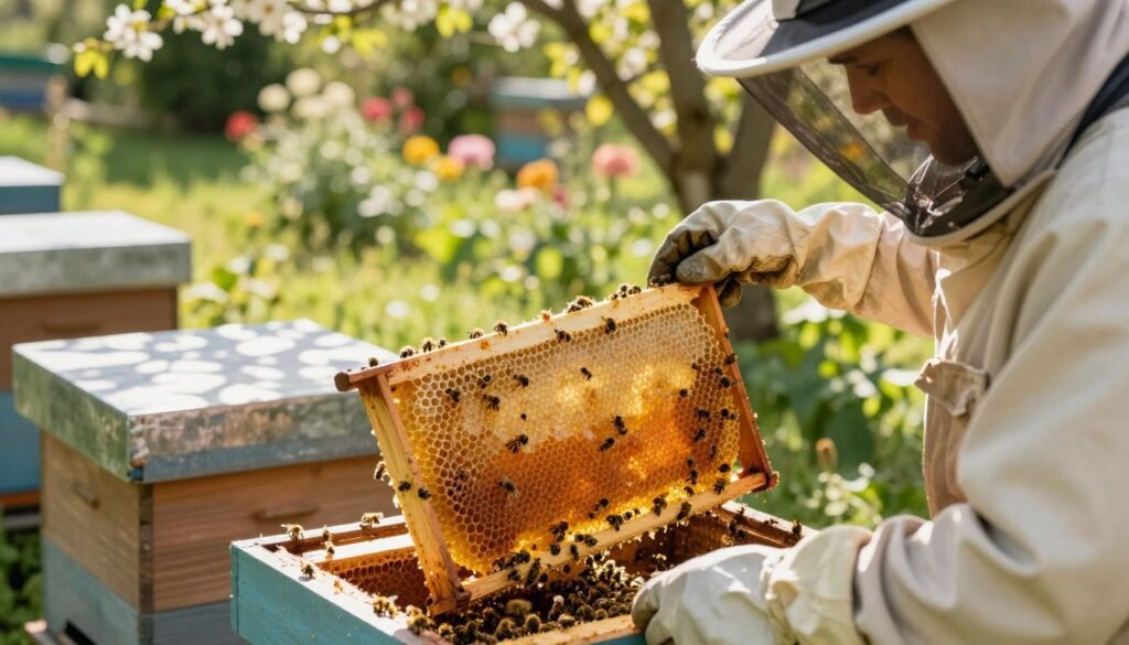 A detailed and vivid scene of a beekeeper gently extracting honey from a beehive undergoing treatment in a sunlit outdoor setting. In the foreground, the beekeeper, dressed in professional attire with protective gear including a veil and gloves, carefully lifts a frame filled with glistening honeycomb, droplets of honey catching the light. The middle ground features the beehive, showing bees actively working while some cluster around the treated frames. In the background, a lush garden with blooming flowers and greenery contributes to a serene and harmonious atmosphere. Soft, warm sunlight filters through the trees, creating dappled patterns on the ground, enhancing the peaceful mood of the scene, captured with a shallow depth of field for a soft focus on the background. A detailed and vivid scene of a beekeeper gently extracting honey from a beehive undergoing treatment in a sunlit outdoor setting. In the foreground, the beekeeper, dressed in professional attire with protective gear including a veil and gloves, carefully lifts a frame filled with glistening honeycomb, droplets of honey catching the light. The middle ground features the beehive, showing bees actively working while some cluster around the treated frames. In the background, a lush garden with blooming flowers and greenery contributes to a serene and harmonious atmosphere. Soft, warm sunlight filters through the trees, creating dappled patterns on the ground, enhancing the peaceful mood of the scene, captured with a shallow depth of field for a soft focus on the background.