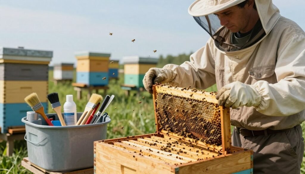 A detailed and well-organized apiary scene focused on the maintenance of beehives. In the foreground, a professional beekeeper in modest casual clothing carefully inspects a wooden hive with tools like a hive tool, smoker, and bee brush nearby. In the middle ground, a thoughtfully arranged tool bucket holds essential equipment, showcasing a clean and organized setup. The background features healthy beehives under a bright, clear blue sky, with bees actively flying around. Soft natural lighting enhances the scene, creating a serene and focused atmosphere. The angle is slightly elevated to capture the intricate details of the beehive and the beekeeper's attentive expression, emphasizing the importance of routine equipment maintenance in beekeeping.