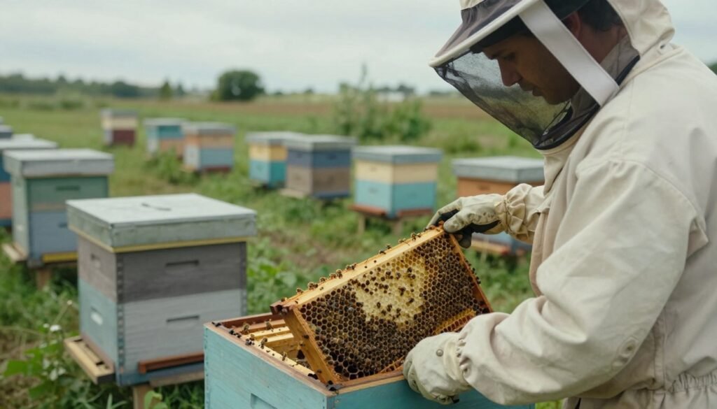 A detailed apiary scene illustrating common pitfalls in beekeeping. In the foreground, a beekeeper dressed in a protective suit examines a hive with visible Varroa mites and unhealthy bees, illustrating a mismanagement of treatments. In the middle ground, poorly maintained beehives show signs of neglect, such as overgrown weeds and damaged frames, highlighting maintenance issues. In the background, a sunny but slightly overcast sky casts soft, diffused lighting, creating a serene yet cautionary atmosphere. The angle is slightly from above, providing a comprehensive view of the apiary setup. This image should convey a professional and educational tone, suitable for instructing beekeepers on what to avoid in their practices.