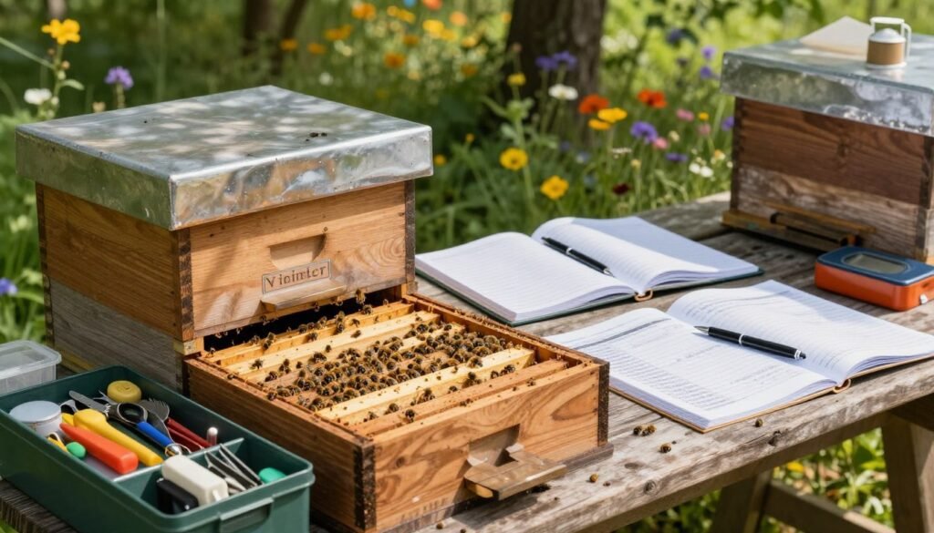 A detailed apiary scene showcasing a record-keeping hive, designed for effective disease management in beekeeping. In the foreground, a wooden beehive with clear labels and an open top revealing bees at work, surrounded by an organized toolbox with all essential apiary tools. The middle ground features a neatly arranged logbook, pen, and data sheets spread out on a rustic wooden table, emphasizing meticulous record-keeping practices. In the background, lush greenery and colorful wildflowers create a vibrant yet calm atmosphere, while soft sunlight filters through the trees, casting gentle shadows, enhancing the serene and productive mood. The angle is slightly overhead, capturing both the hive and the tools, inviting viewers into a harmonious apicultural environment.